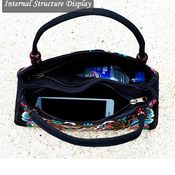 Stylish Floral Embroidered Handbag, Trendy Zipper Canvas Purses. - Picture 2 of 5